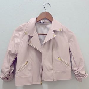 pink Disney brand artificial leather jacket with gold accents